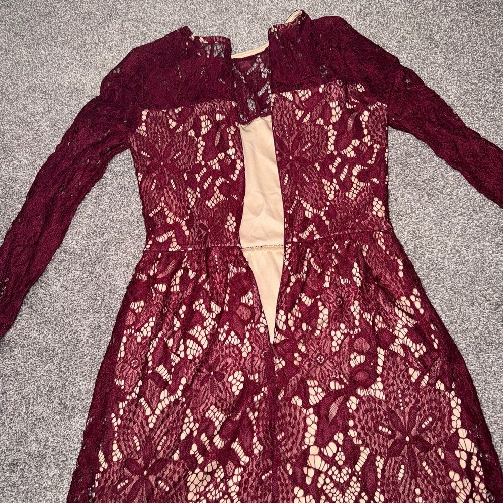 Women's Long Sleeve Maroon Lace Overlay Dress w/ Nude Lining - Picture 12 of 12